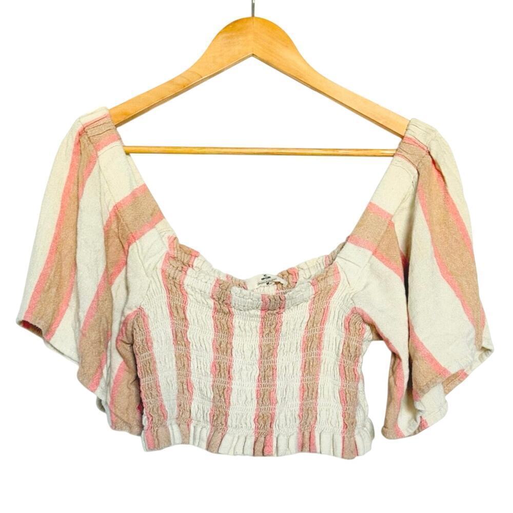 Rip Curl Crop Top Striped Smocked Bodice Flutter Sleeves Size M